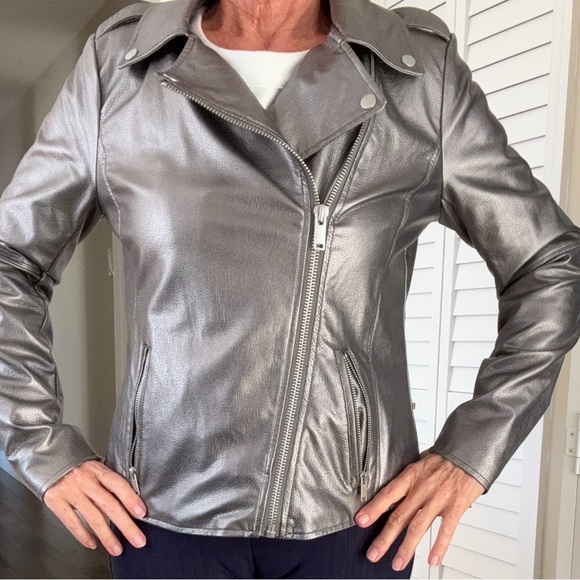 Boston Proper Metallic Faux Leather Moto Jacket size Small - Picture 2 of 4